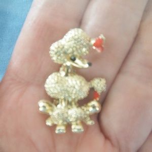 Vtg Gold Tone Textured Poodle w/Red Bow Pin